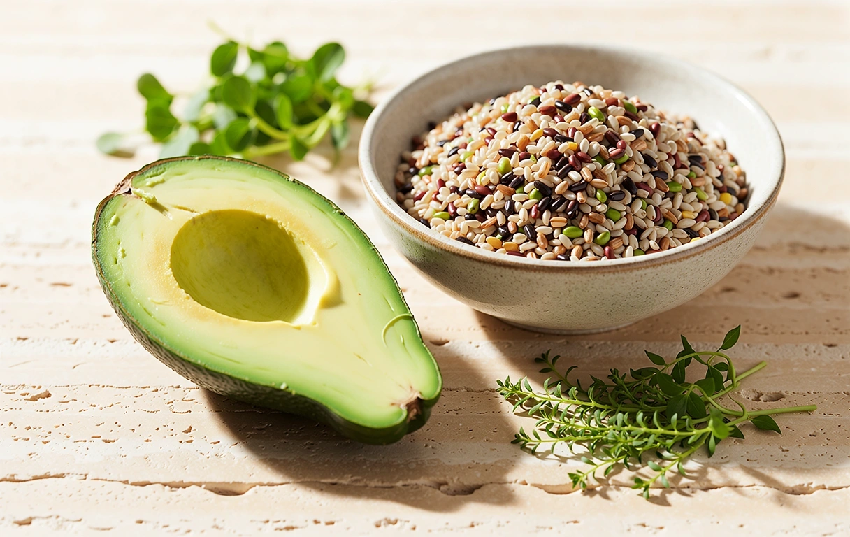 Nutrient-dense whole foods on a stone surface